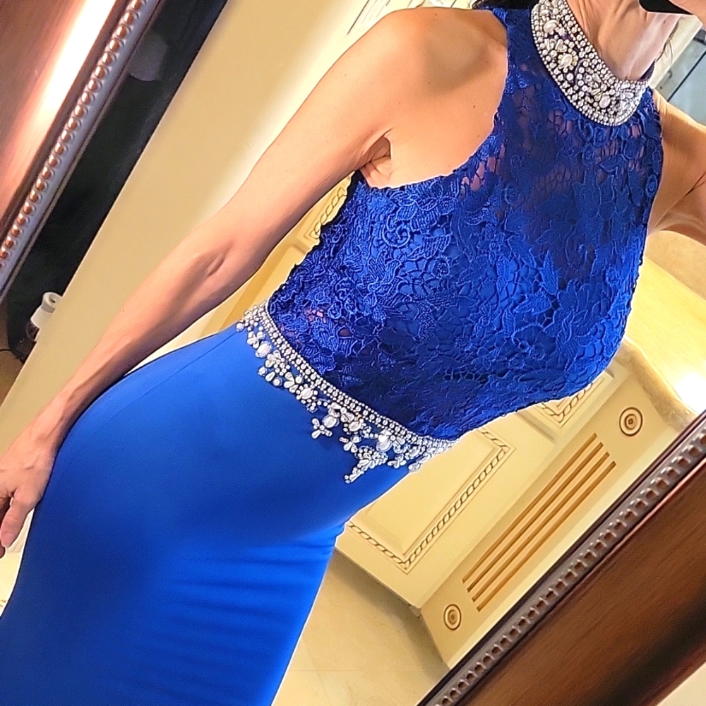 Blue Pearl & Rhinestoned Embellished Mermaid High-low Formal Dress, XS - Picture 11 of 16